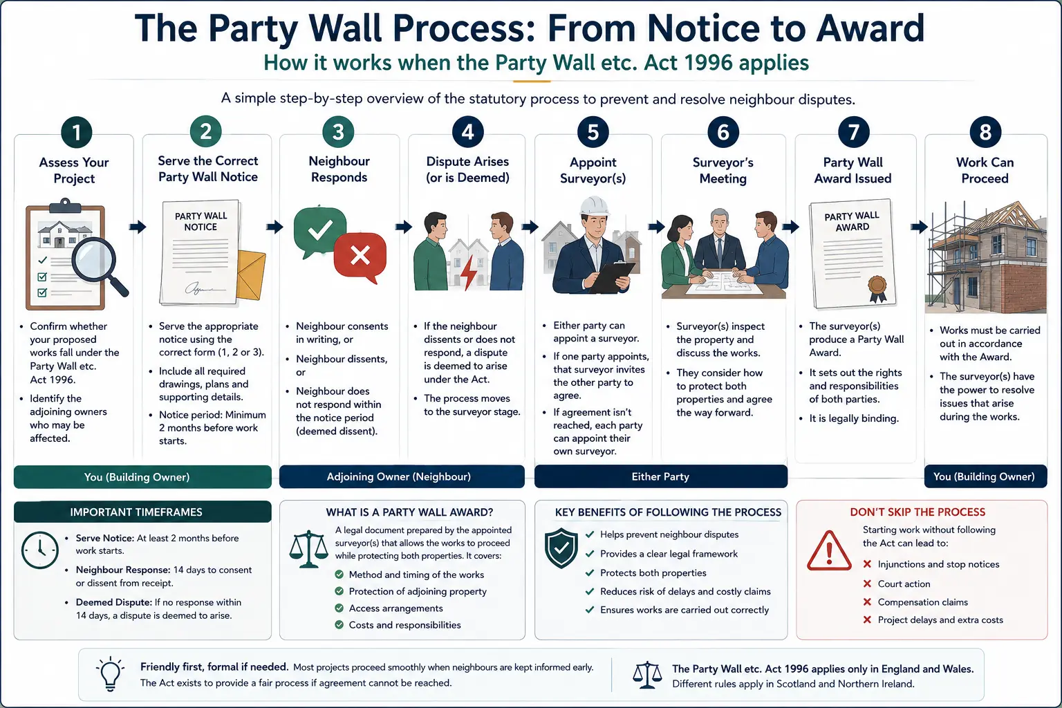 Do I Need a Party Wall Agreement? An infographic showing the party wall process from notice to award in a very interactive way for the citizens living in Southampton, UK