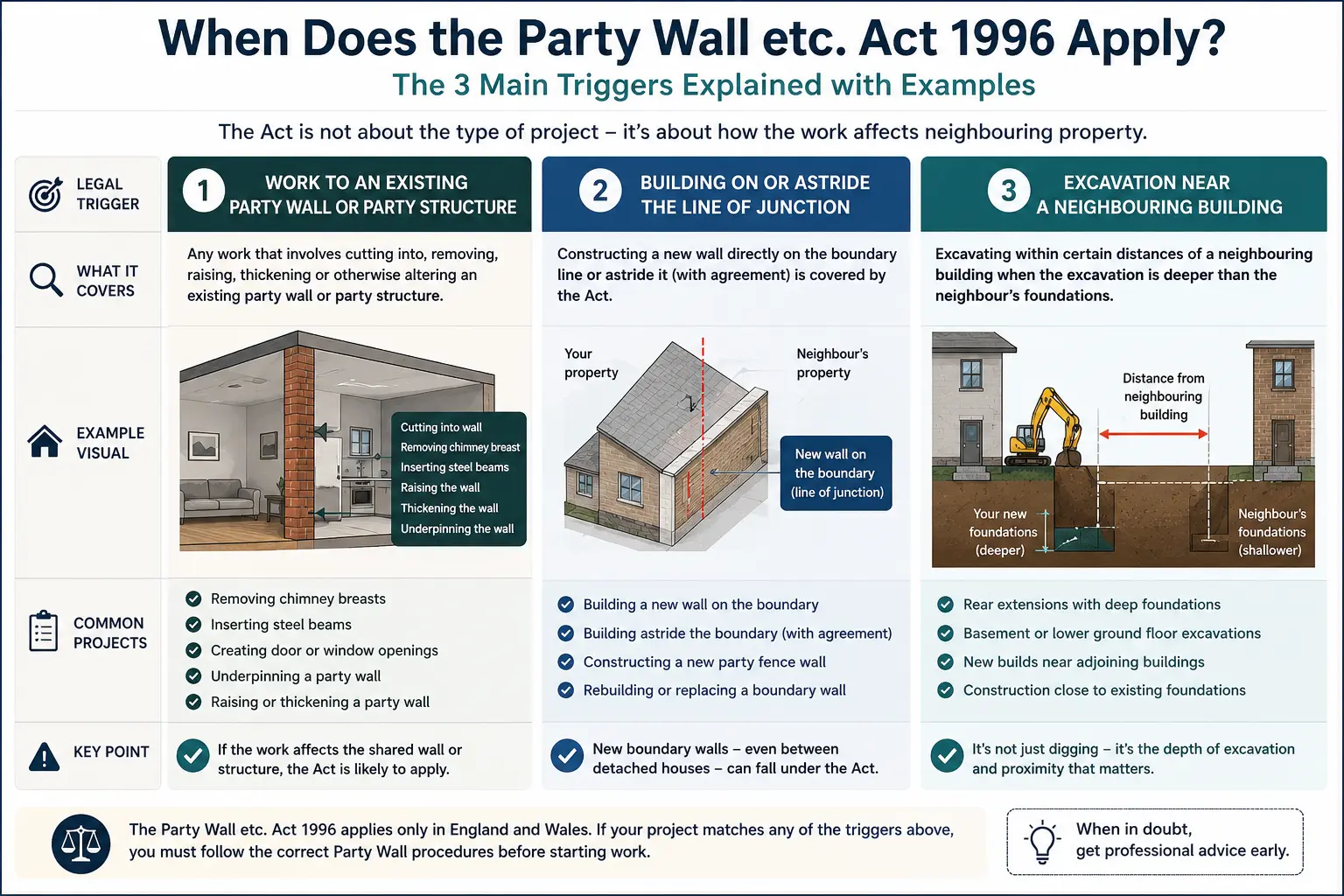 Do I Need a Party Wall Agreement? An infographic showing when does the party wall etc act 1996 apply like excavation, junction, painting, in Southampton, UK
